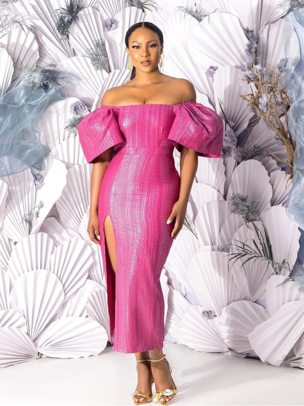 Zephans and Co Off-Shoulder Pink Sequin Midi Dress with Puff Sleeves-NWT